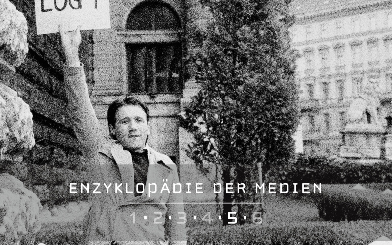 Cover of the publication: light gray and person (Peter Weibel) holds up a sign with the inscription "lies" in front of a police station