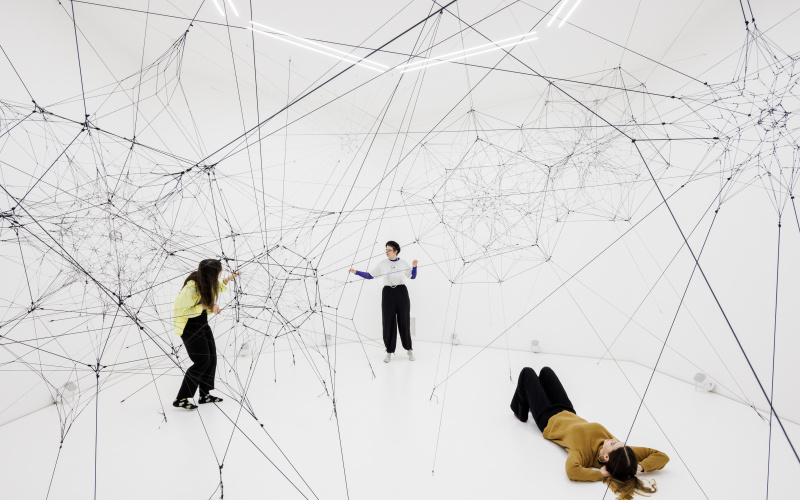 You can see a large net of threads in a white room. Several people are standing in this space and touching these threads.