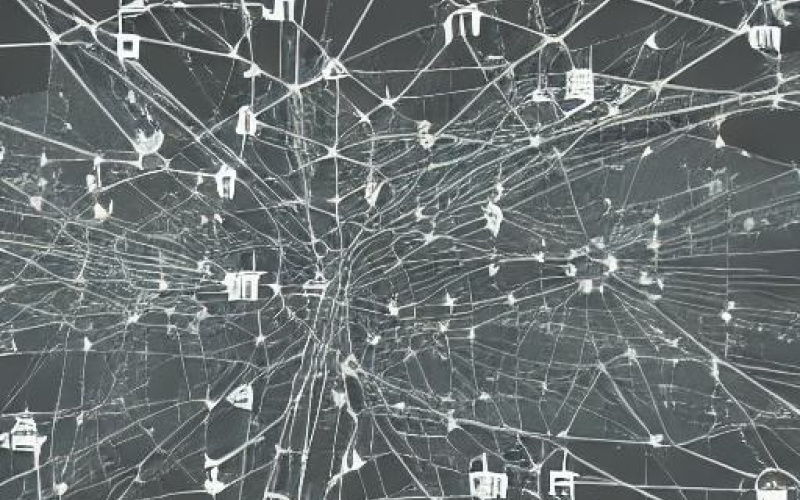 Ein filigranes Netzwerk aus weißen fadenartigen Gebilden vor einem grauen Hintergrund.