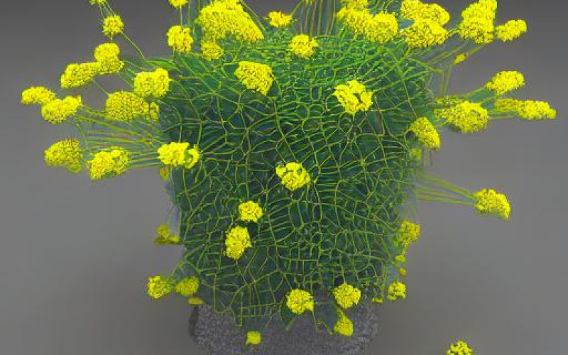 AI-generated image of a green network with yellow flowers. The whole thing resembles a bouquet of flowers against a gray background.