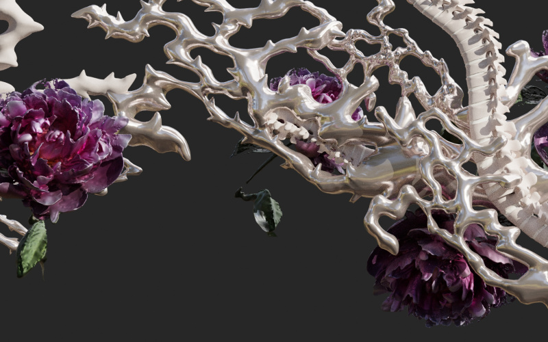 Flowers in dark purple in front of a bone-like white construct. The background is black.