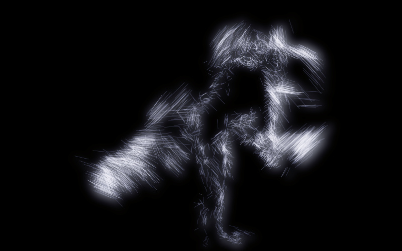 Man sieht das Werk »fluidum 1«. Es ist eine Figur zu erkennen, die aus weißen Strichen gebildet wird. Der Hintergrund ist schwarz.