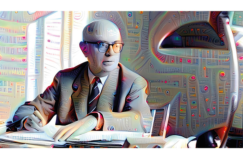 A black and white portrait of Theodor Adorno at his desk, alienated by an AI programme.