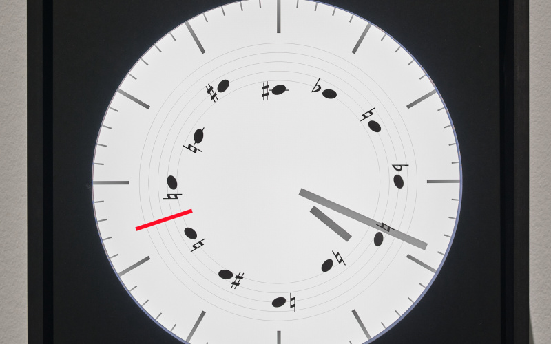 »Zwölftonuhr« von Bernd Lintermann und Götz Dipper. Zu sehen ist eine Uhr. Anstatt Zahlen, befinden sich auf der Uhr Musiknoten.