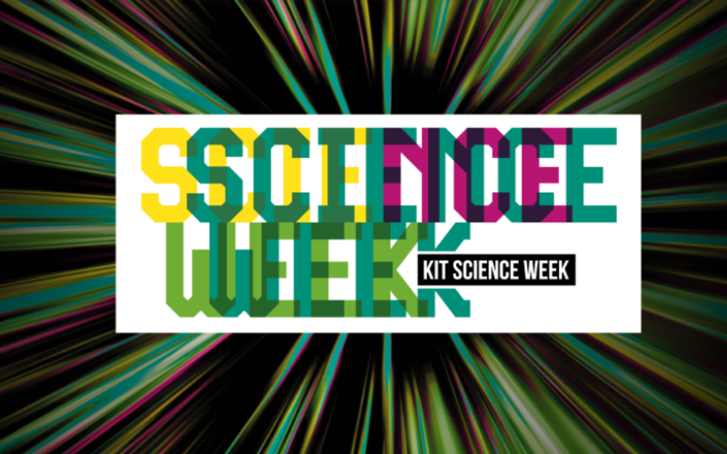 Writing "Science Week" in front of blue-yellow-green-violet ray graphic