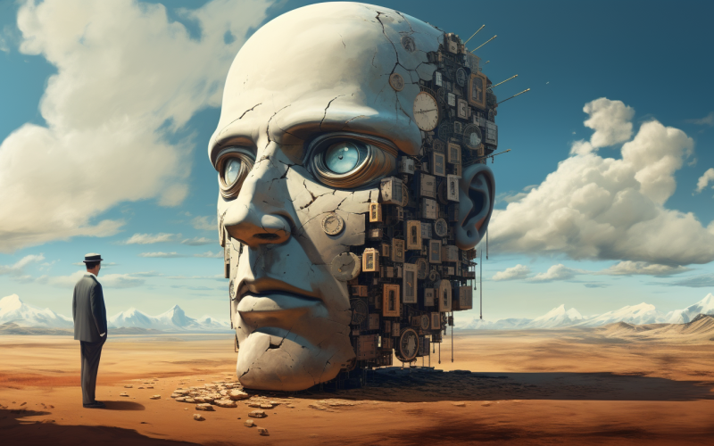 The picture shows a desert-like landscape. On the left of the picture, a man in a suit is looking at a kind of sculpture, a large head whose side facing the viewer is made of clocks. 