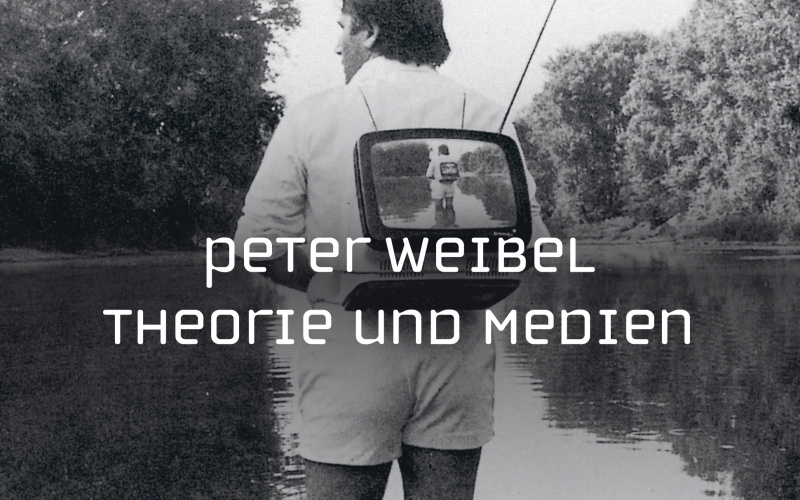 Cover of the publication »Peter Weibel, Enzyklopädie der Medien«, showing Peter Weibel in black and white with a TV screen on his back.