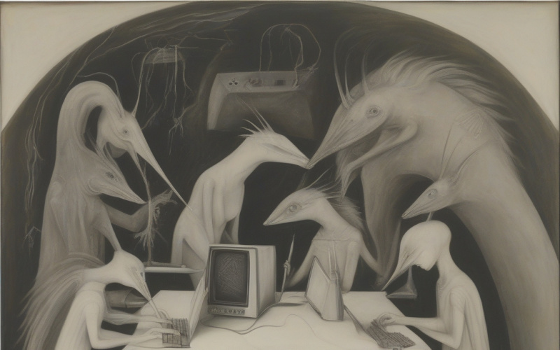 AI generated Image: Prompt: women working on computers in Style of Leonore Carrington