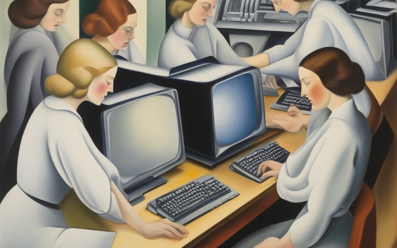 AI generated Image: Prompt: women working on computers in Style of Georgia O'Keeffe