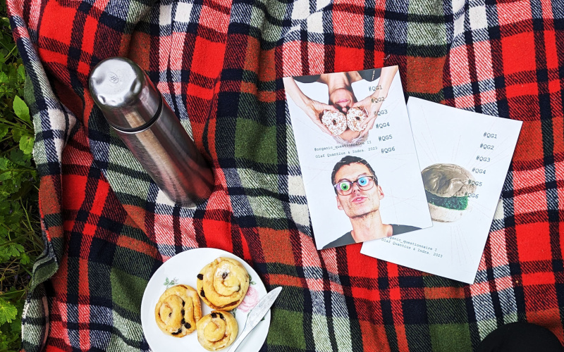 A red and green checkered picnic blanket from above with flyers, thermos flask and coffee.