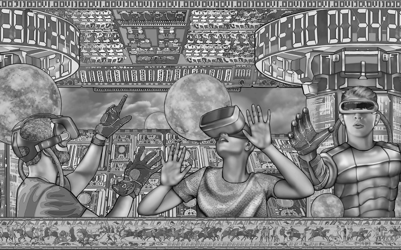 A black and white tapestry with people wearing VR glasses