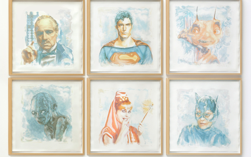 Colorful illustrations of film characters, such as Superman
