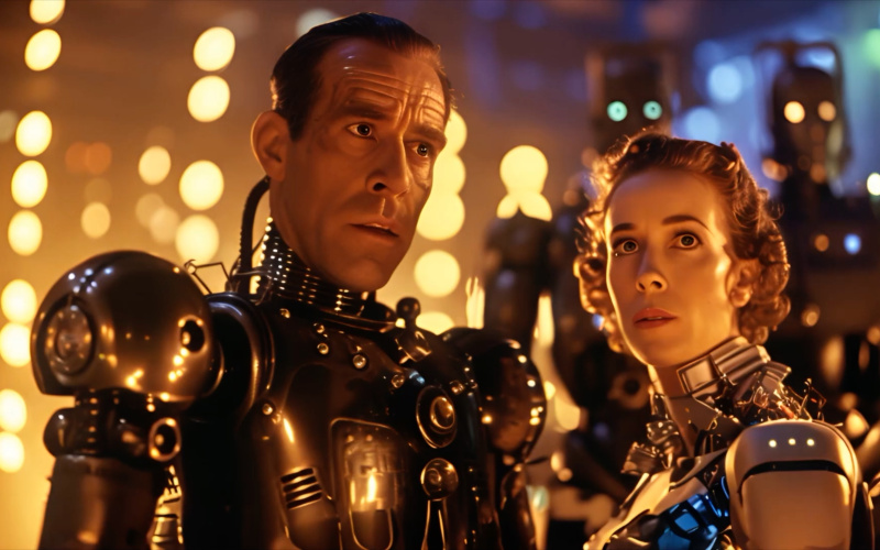 Zu sehen sind zwei Personen, die halb Roboter, halb Mensch sind. 