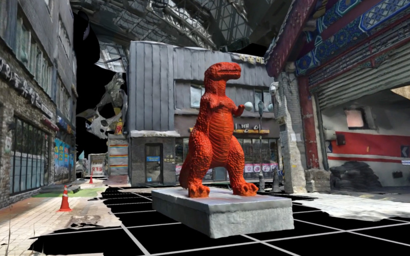 A red T-Rex statue in a deformed city.