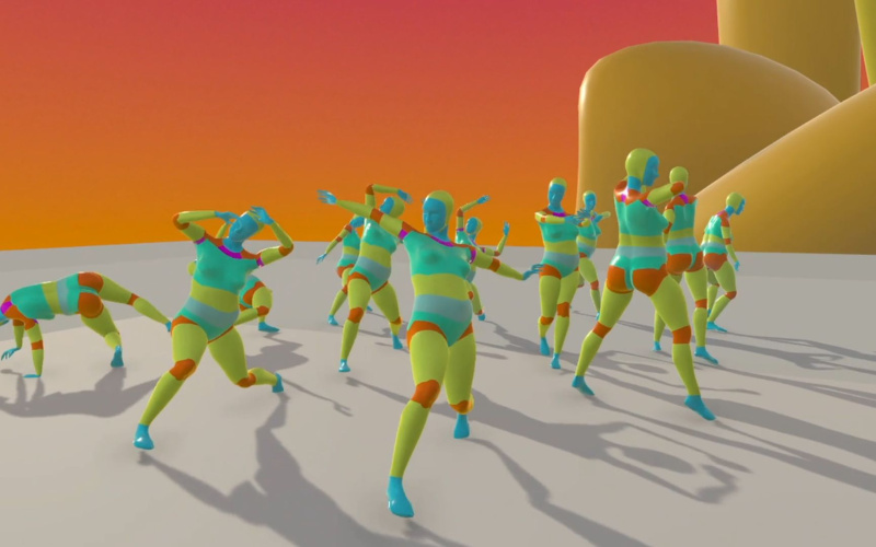 Several characters can be seen moving around in a colorful 3D world. 