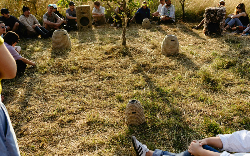 Several people sit in a grass field and look at the beehives in their middle.