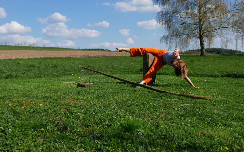 Eine Person ist auf einer Wiese zu sehen, wie sie sich seitlich abstützt und eine Performance zu geben zu scheint.