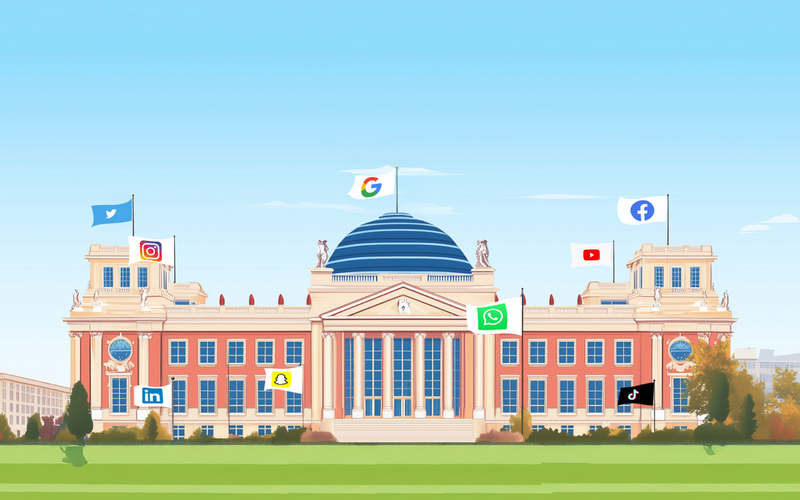 Ein Regierungsgebäude mit Flaggen, darauf die Icons großer Tech-Unternehmen.