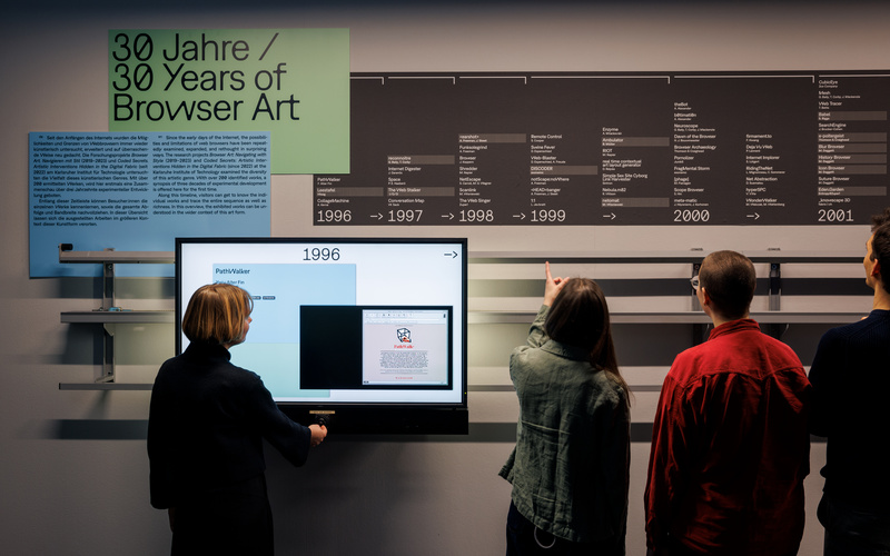Ein Zeitstrahl an der Wand davor ein Bildschirm und Personen von hinten.
