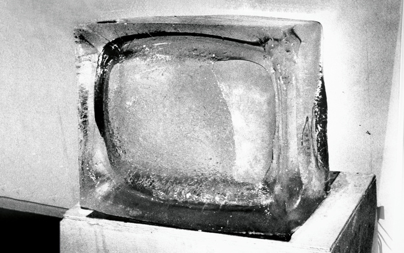 A giant ice cube looking like a tube television.