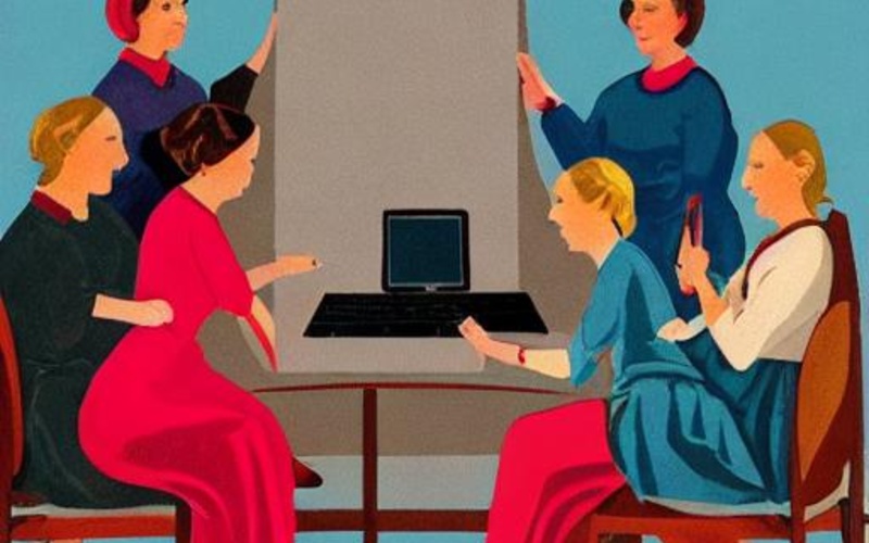 Gemälde von sech Frauen die an einem Computer sitzen