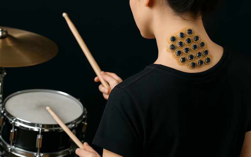 Das Bild zeigt eine Schlagzeugerin von hinten, die Drumsticks hält und ein Schlagzeug spielt, während auf ihrem Nacken mehrere runde Sensoren befestigt sind.