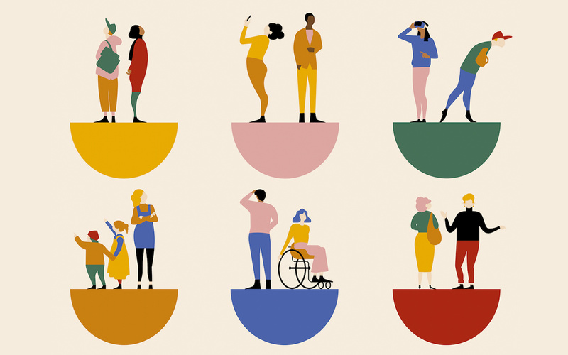 Zu sehen ist eine illustrative Darstellung vielfältiger Menschen in verschiedenen Alltagssituationen auf farbigen Halbkreisen.