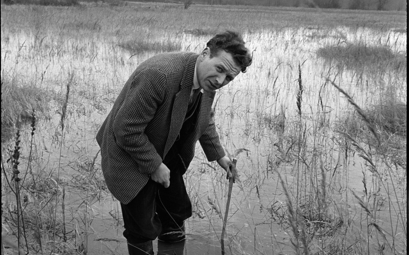Besichtigung des anfänglich als Standort des Kernforschungszentrums Karlsruhe vorgesehenen Geländes am Rhein bei Maxau, 01.03.1957, Fotografie unbekannter Urheberschaft. KIT-Archiv 28028/00114. 