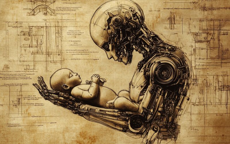 Zu sehen ist ein KI-generiertes Bild, das eine humanoide Maschine zeigt, die hält ein menschliches Baby in den Armen hält.