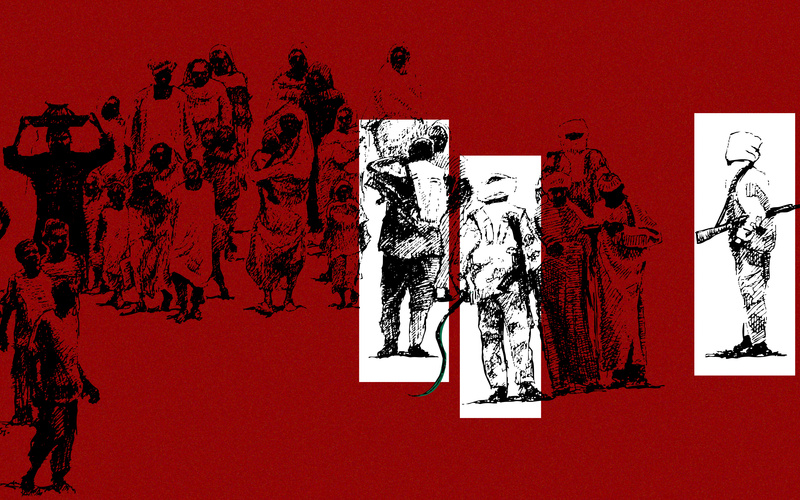 The image shows a group of people in front of a red background and three other people who are highlighted with a white background.