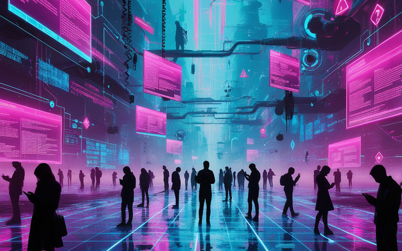 Eine futuristische, neonfarbene Grafik mit schwebenden Bildschirmen in einem digitalen Raum.