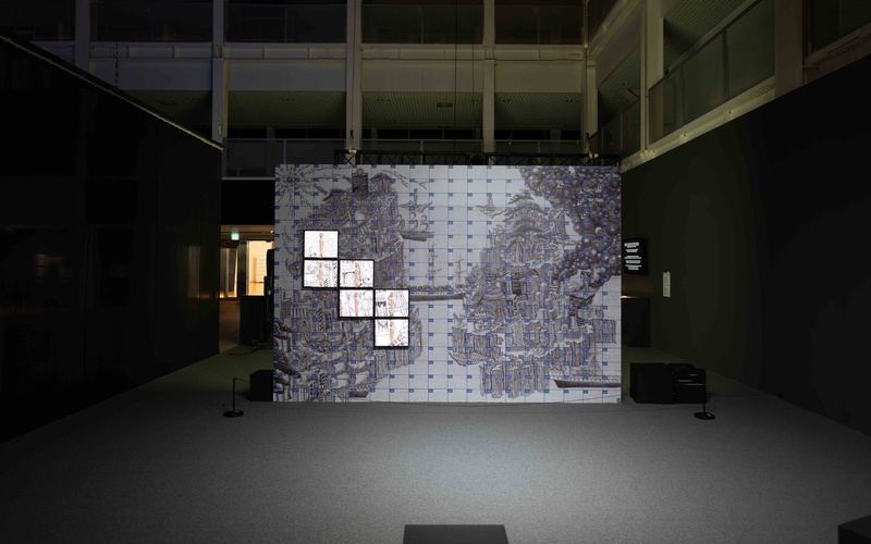 A work of art consisting of six screens arranged on an imaginative nautical chart.