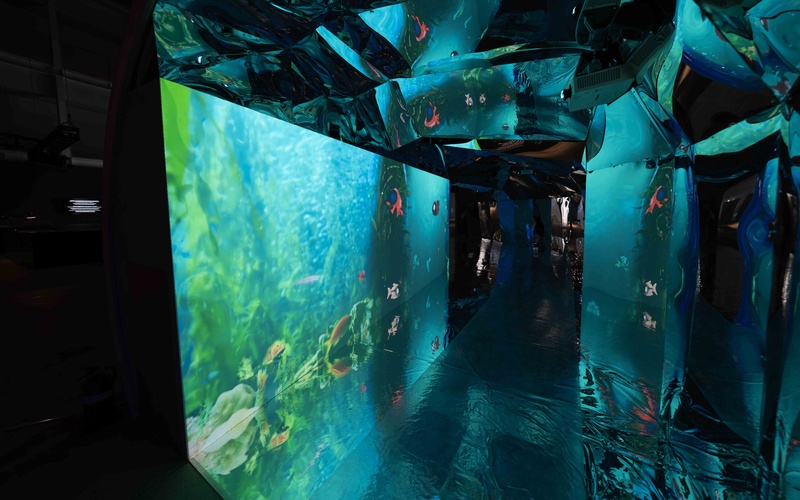 An underwater world with fish on projection screens and mirrors.