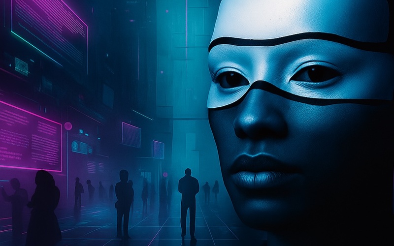 Eine futuristische, neonfarbene Grafik mit schwebenden Bildschirmen in einem digitalen Raum.
