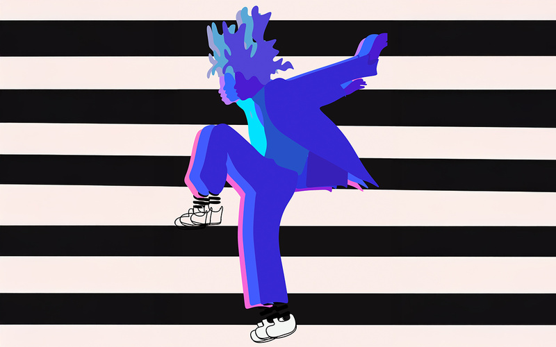 Grafik einer blauen Figur vor einem gestreiften Hintergrund.