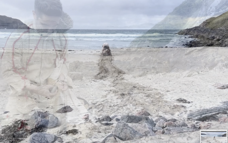 Two overlayed images of a person and a beach can be seen. 
