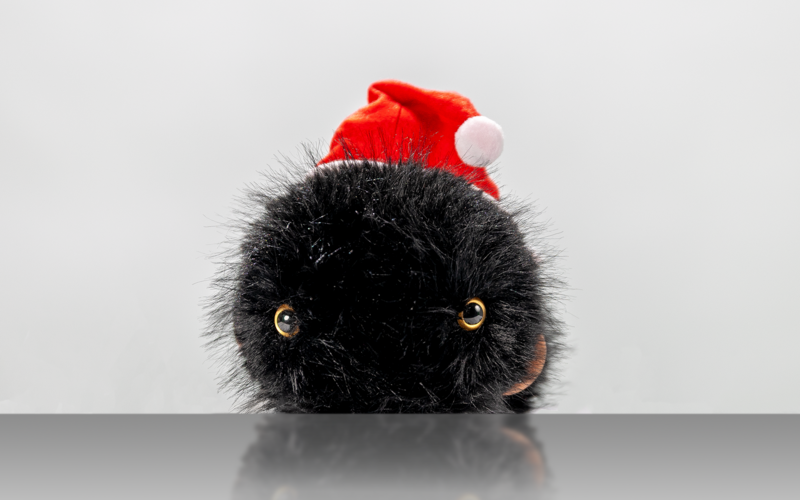 Porträt eines Kuscheltiers vor weißem Hintergrund.