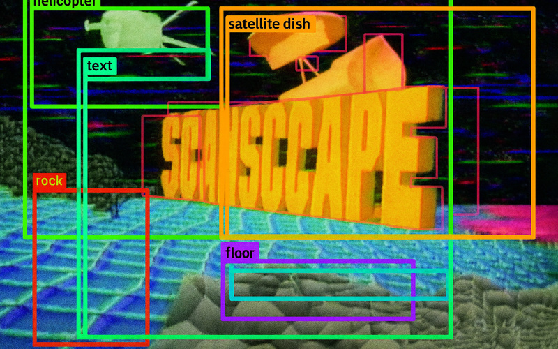 Eine Schrift schwebt über einer Weltraumlandschaft. Darüber ein Raster einer KI, die die Objekte erkennt.