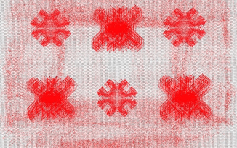 Red imprints of geometric shapes.