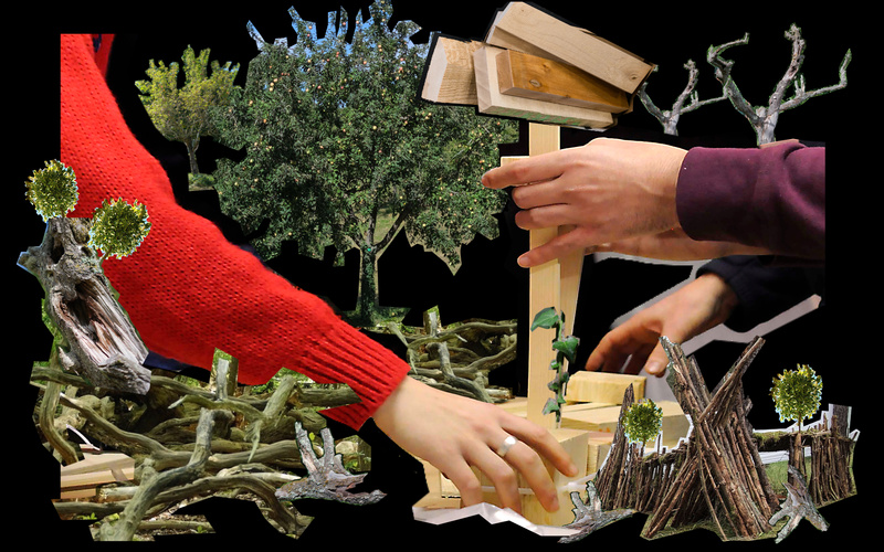 Zu sehen ist eine Fotocollage vonApfelbäumen und zwei Händen, welche an einem Holzobjekt bauen, auf schwarzem Hintergrund.