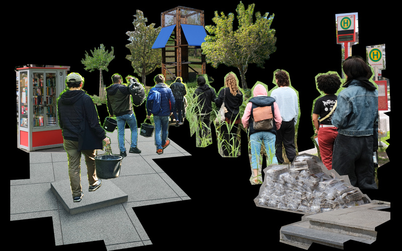 Zu sehen ist eine Fotocollage von Menschen, welche in einer Gruppe laufen und Elementen wie einer Bushaltestelle auf schwarzem Hintergrund.