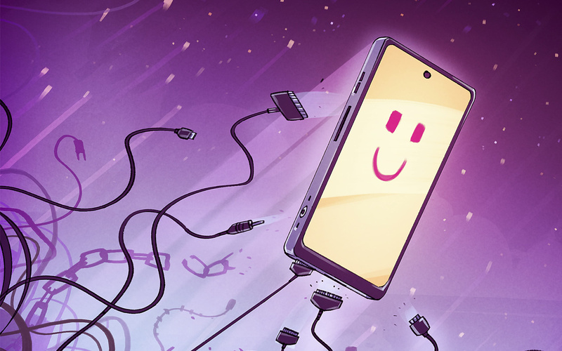 Das Bild zeigt eine illustrative Darstellung eines Mobiltelefons und von Kabeln mit verschiedenen Anschlüssen.
