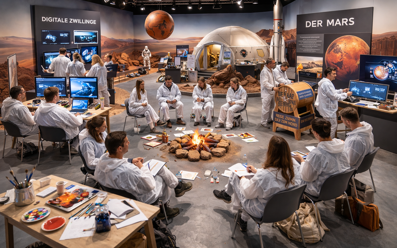 Ein KI-generiertes Bild, das viele Menschen zeigt, die gemeinsam am Thema Mars arbeiten. 