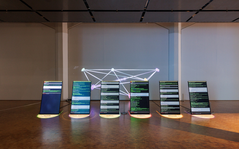 Zu sehen sind sechs schräg stehende Bildschirme, die vor einer Wandprojektion eines vernetzten Diagramms stehen und Code anzeigen.