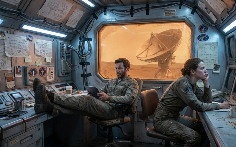 A man and a woman sitting in a space station.