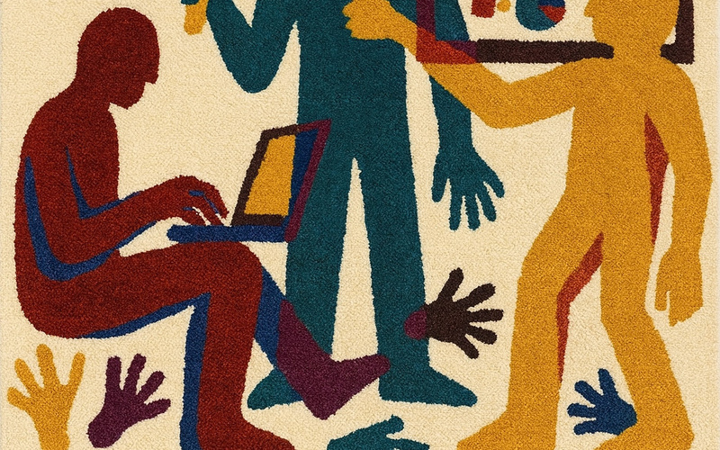 Man sieht einen Wandteppich mit drei Figuren.