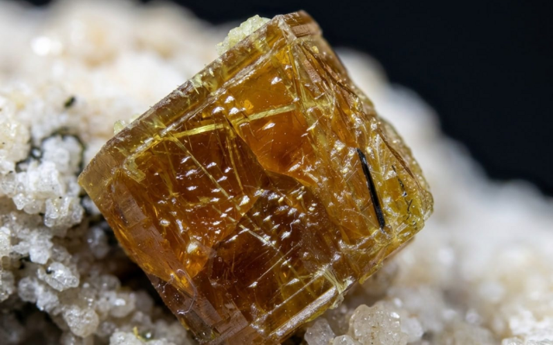 Eine Makroaufnahme eines bernsteinfarbenen Minerals.