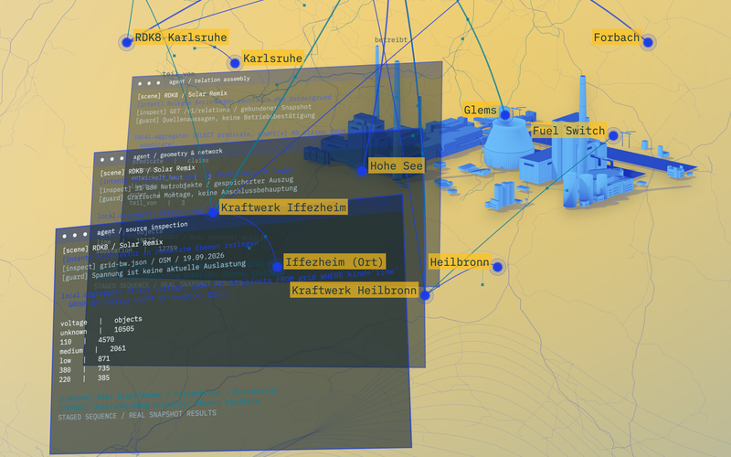 Eine abstrakte Grafik der Stromkraftwerke der EnBW.