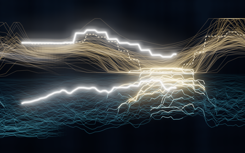 Eine stilisierte Landschaft aus neonfarbenen Linien.