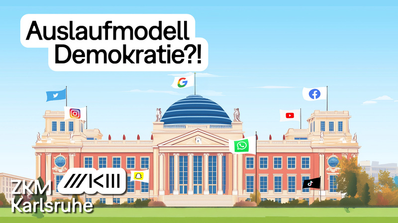KI-Generierte Grafik, die den Bundestag darstellt, es wehen Flaggen mit den Logos der gängigen Social Media Kanäle